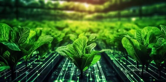 Small Green Plants Growing From A Glowing Green Circuits. Green Cryptocurrency And Ecology Growing Concept. Generated Ai.